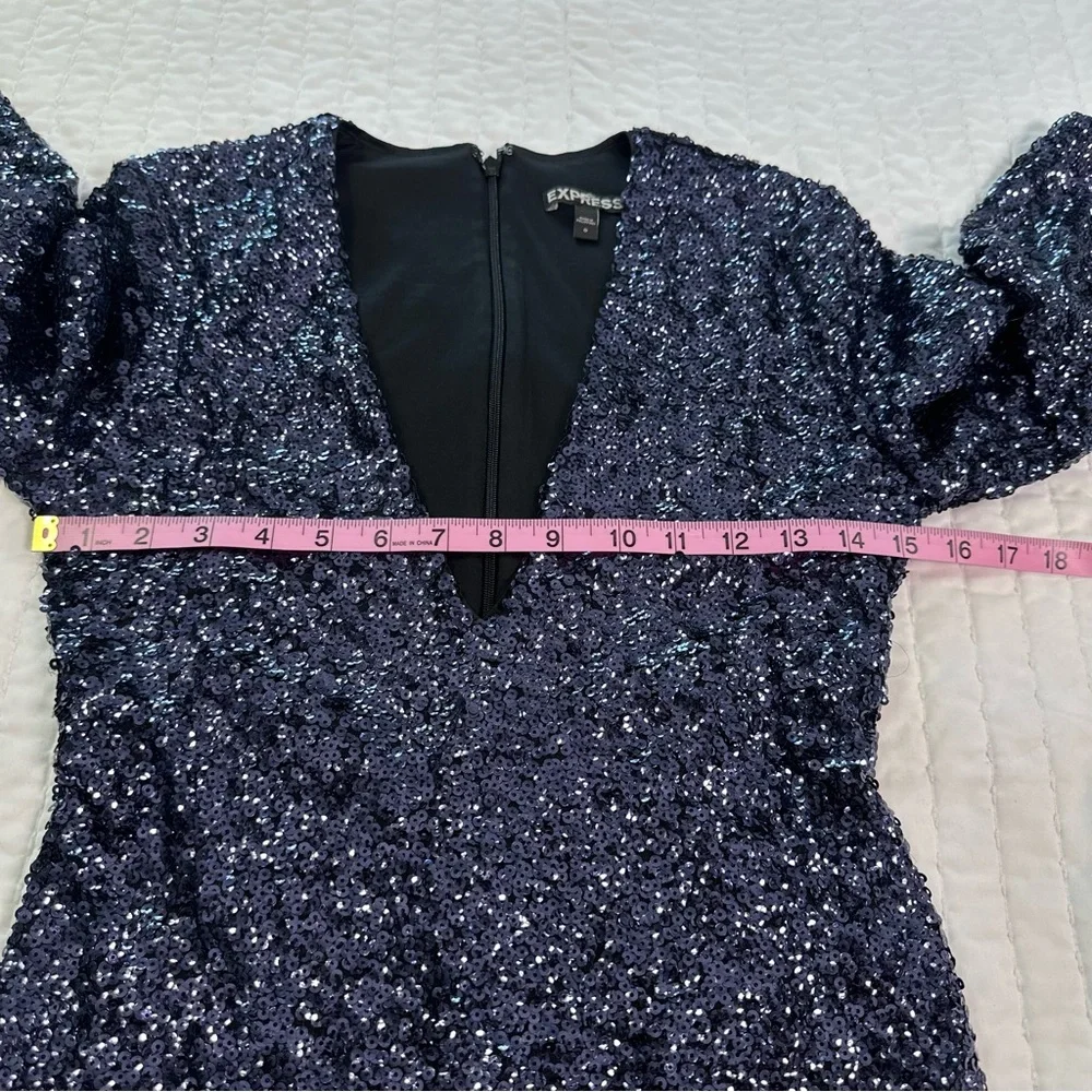 Express Blue Deep V-Neck Surplice Sequin Party Mini Dress - Picture 6 of 16
